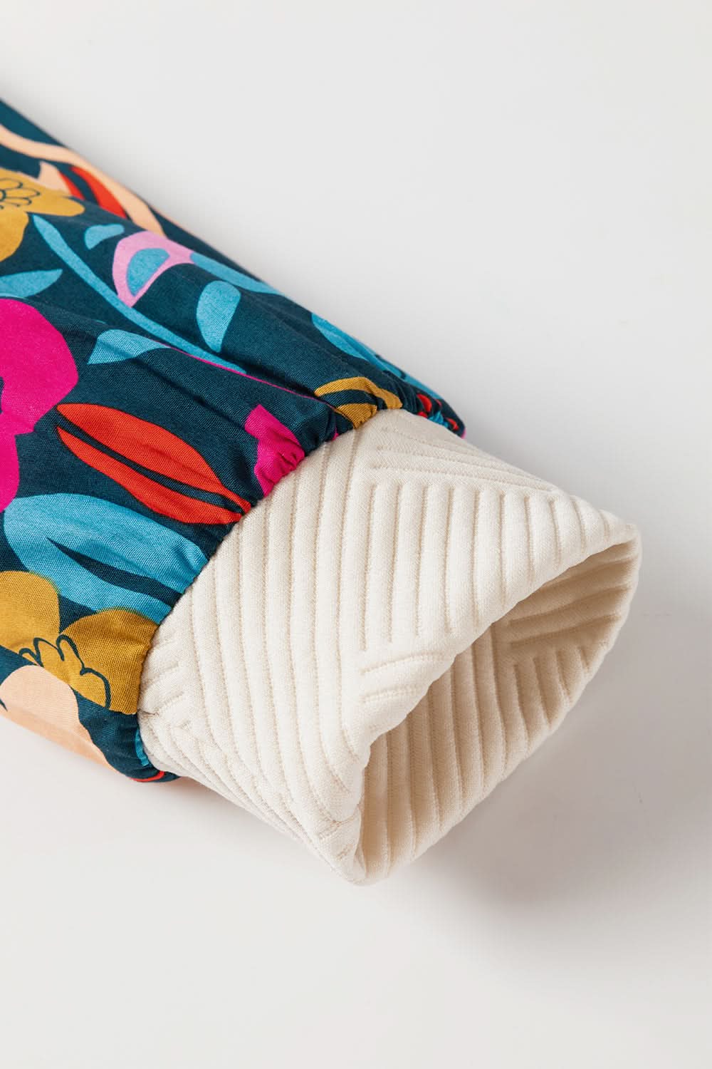 White Floral Patchwork Sleeve Textured Plus Size Pullover Top - Love Salve